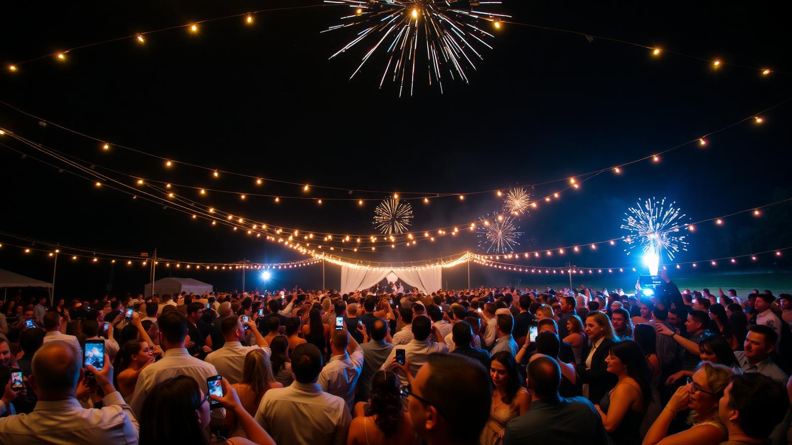 Festa de casamento noturna com convidados fotografando e fogos de artifício ao fundo