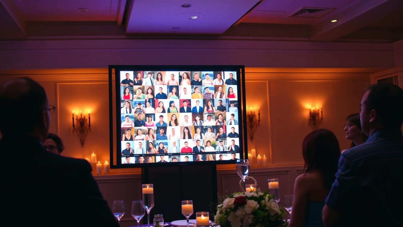 Telão exibindo mosaico de fotos dos convidados em mural ao vivo durante festa de casamento