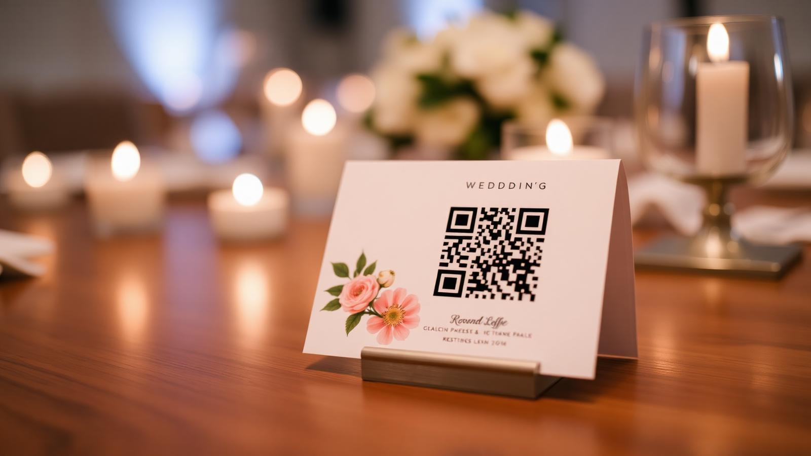 Placa elegante com QR Code de casamento sobre mesa de madeira com velas e flores ao fundo